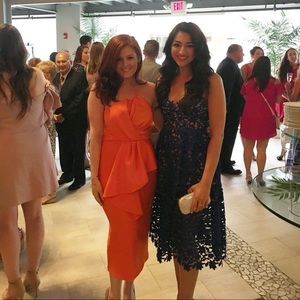 ASOS Orange Scuba midi dress with front frill. Size 8.